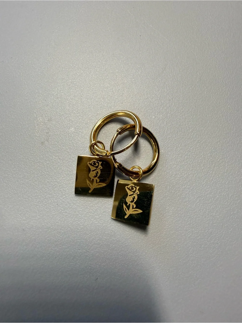 NWT Gold Square Engraved Rose Charm Stainless Steel Hoop Earrings
